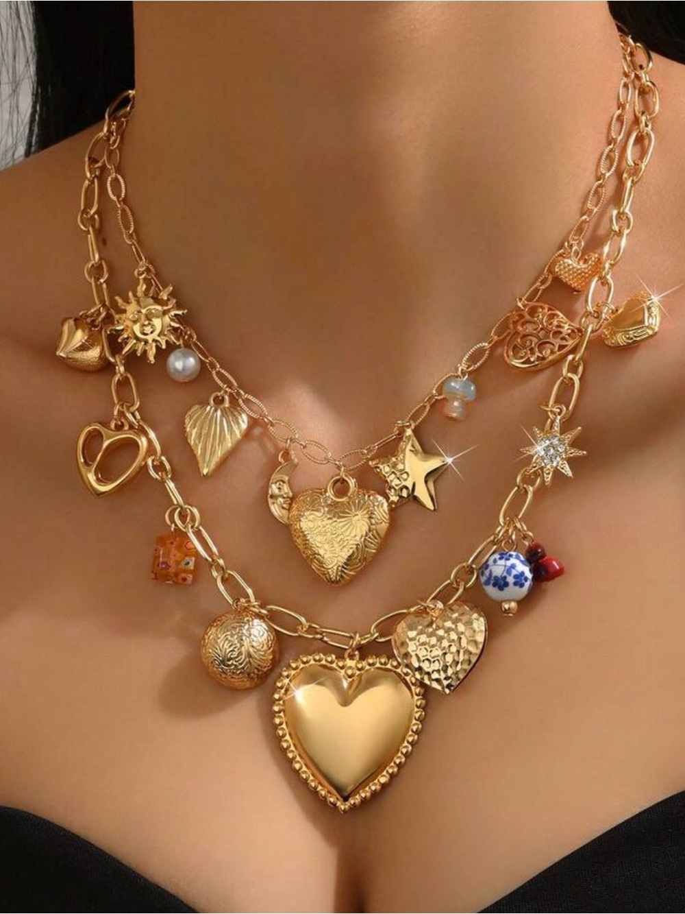 Free People Gold Layered Heart & Charm Necklace